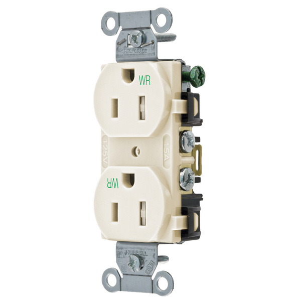 Hubbell Wiring Device-Kellems Straight Blade Devices, Receptacles, Tamper and Weather-Resistant Duplex, Commercial/Industrial Grade, 2-Pole 3-Wire Grounding, 5-15R, Single Pack BR15LAWRTR